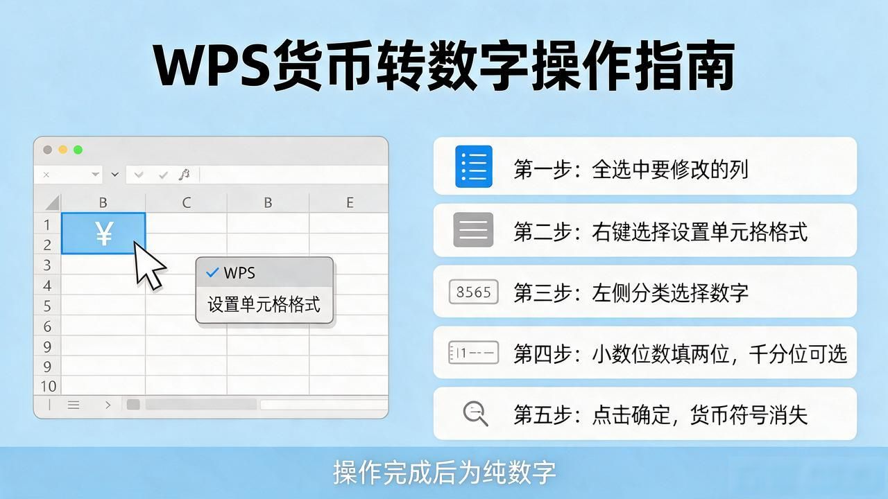 wps表格货币改成数字，把单元格格式一改就干净了